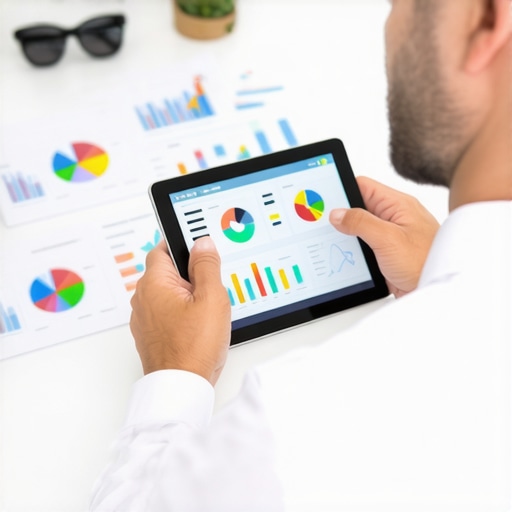 SEO expert reviewing local search analytics on a tablet, charts and maps displayed