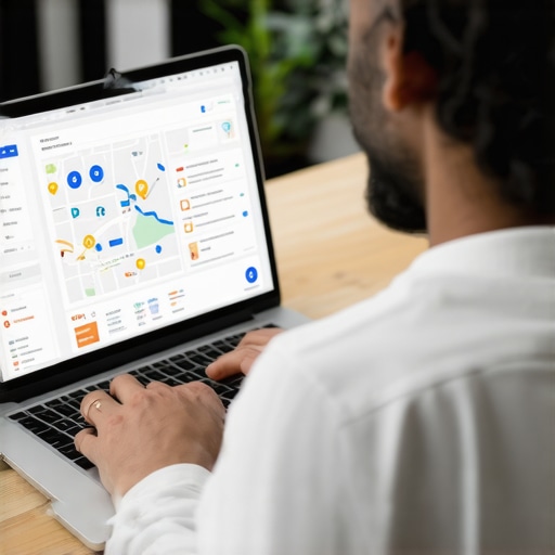 Business owner reviewing local SEO performance on laptop with maps and charts