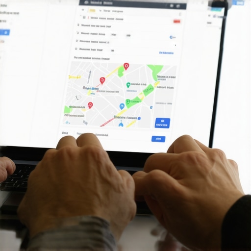 Optimizing Google My Business Profile Business owner editing Google My Business profile on laptop with local map interface