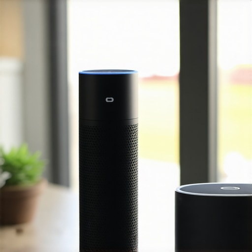 Person configuring website content for voice search using a smart speaker and computer.