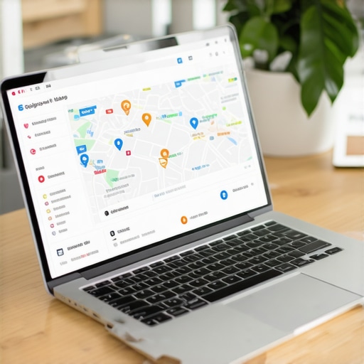 Laptop showing Google Maps analytics on a desk with SEO tools