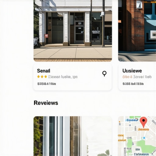 Illustration of a local business profile optimized for Google Maps with digital markers and reviews.