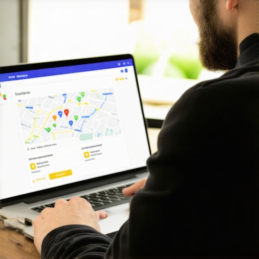 Business owner updating Google My Business profile on laptop with local maps and reviews.