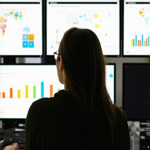 Analyzing Local SEO Performance Business owner reviewing local SEO metrics on screens with charts and maps.