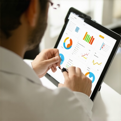 Business owner reviewing SEO checklist with digital tablet and analytics charts.