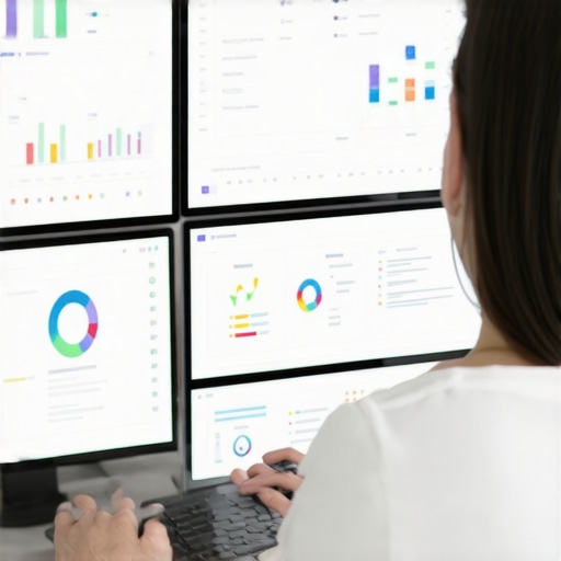 Monitoring Local SEO Dashboards A person working on digital screens displaying local SEO analytics and citation data.