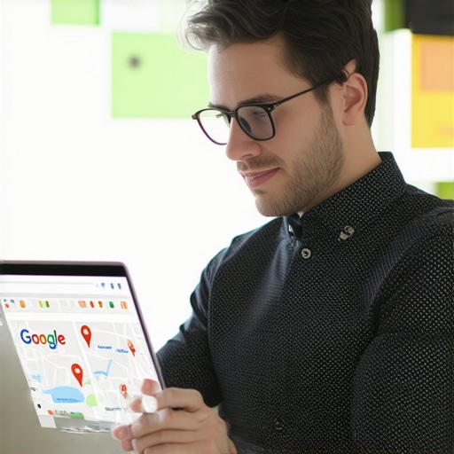 Optimized Google Business Profile Setup Business owner enhancing Google Maps profile on laptop, local maps interface visible