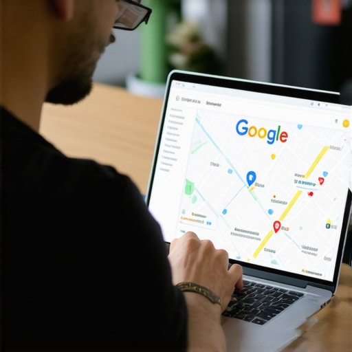 Business owner editing Google Business Profile on computer with maps open.