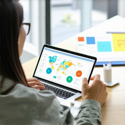 Professional analyzing local SEO analytics and maps on a laptop.