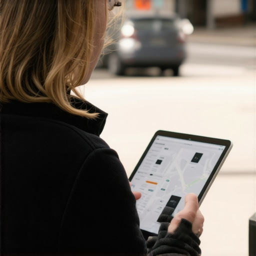 Business owner reviewing AR-walking data on a tablet, city street behind