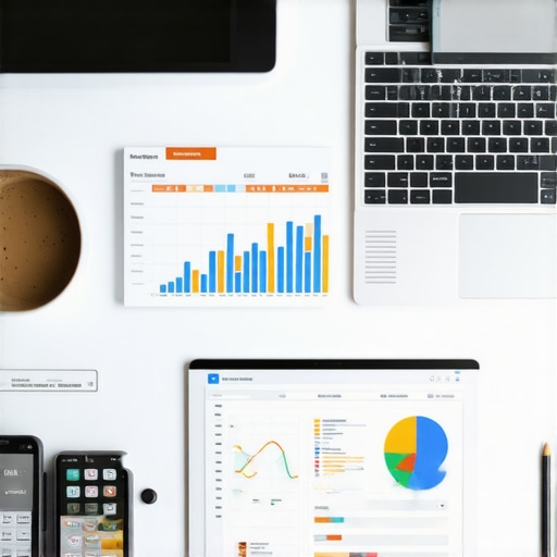 A desk with SEO tools, analytics charts, and a laptop displaying local search data