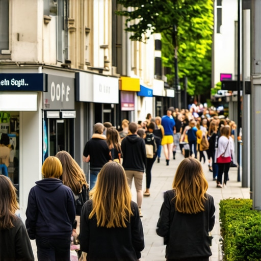 A vibrant street scene showcasing local businesses and community activity.