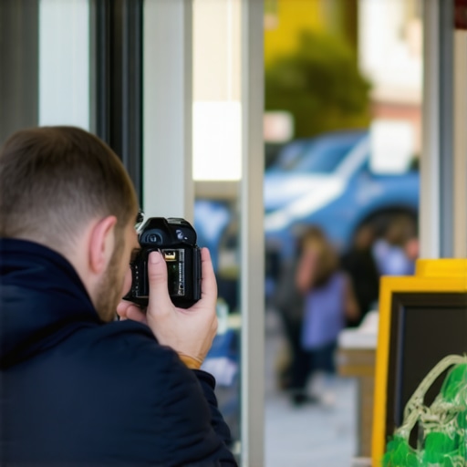 Photograph of a business owner taking photos of their storefront to improve local SEO.