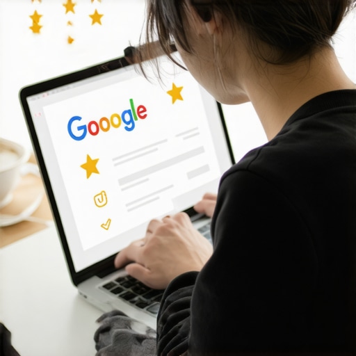 Person using laptop to audit and optimize Google Business Profile with positive indicators.