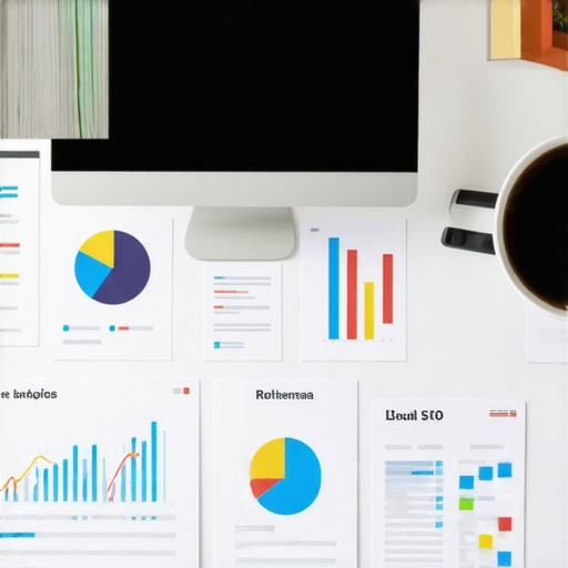 SEO Tools for Local Visibility Maintenance Close-up of digital screens displaying local SEO analytics, review management, and schema implementation tools.