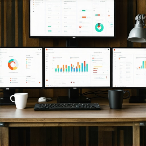 Workspace with SEO Tools for Local Rankings Multiple monitors showing local SEO analysis, rankings, and review management