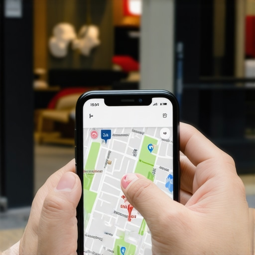 Person adjusting a location pin on a smartphone map app in front of a business storefront.
