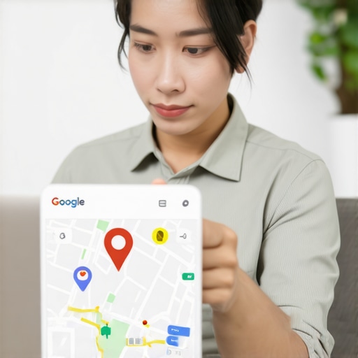 Business owner editing Google Business Profile on laptop beside local map illustration
