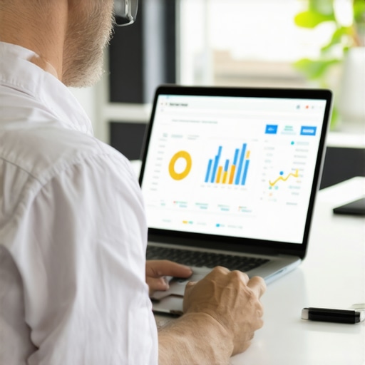 Business owner analyzing local SEO data on a laptop in office