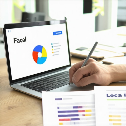 Person verifying Google Business Profile on laptop with SEO documents.